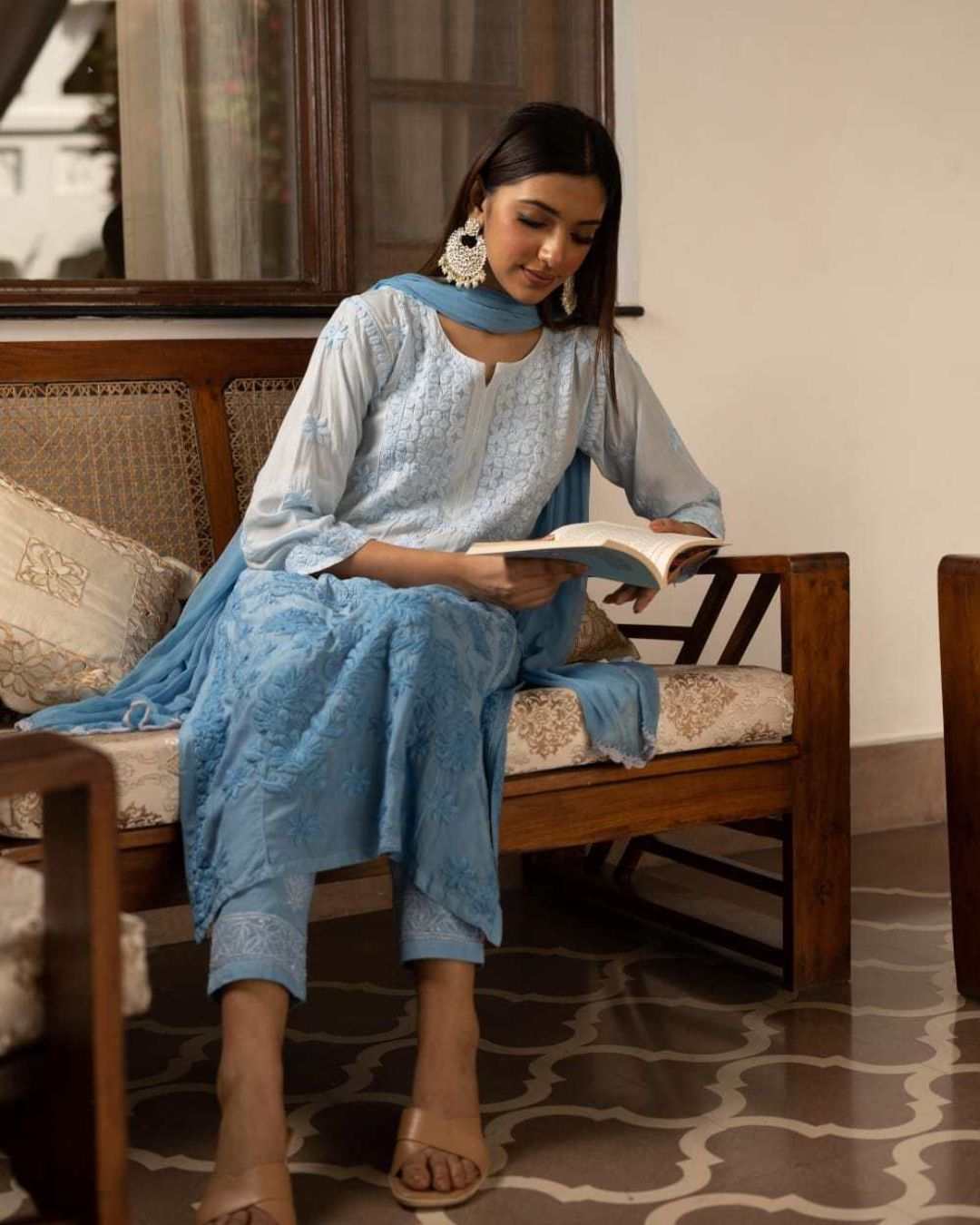 Gauhar Powder Blue Chikan Kurta Set For Women - | House of AKS