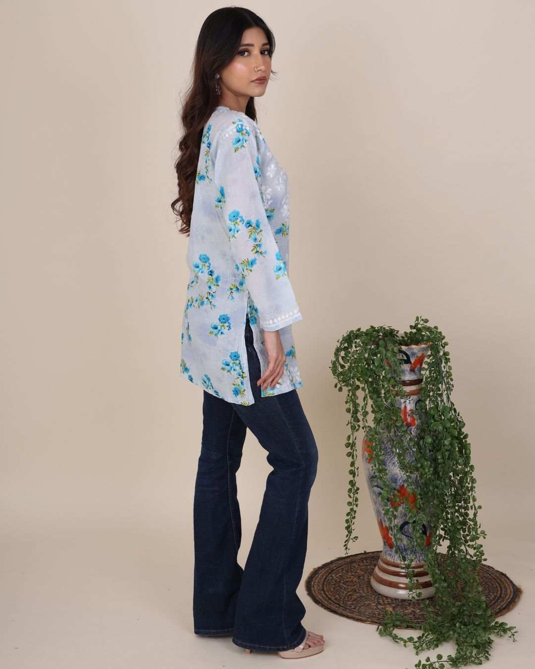 Phool Blue Short Chikan Kurta