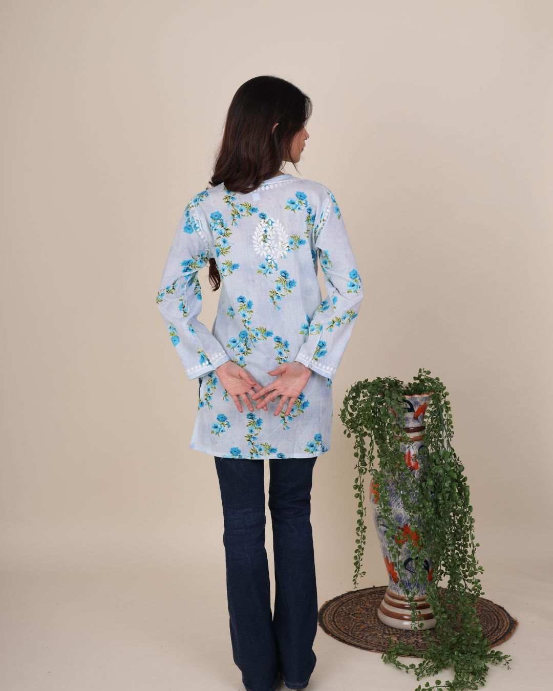 Phool Blue Short Chikan Kurta