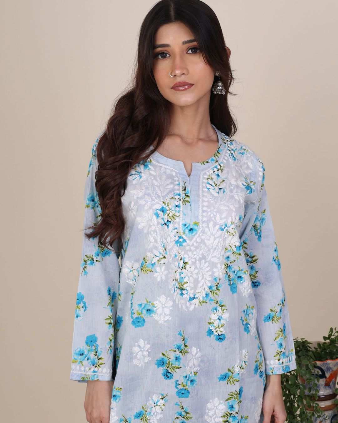 Phool Blue Short Chikan Kurta