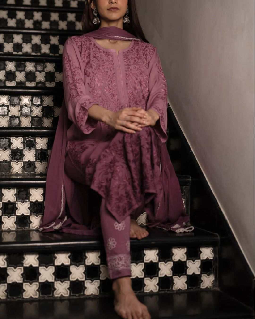 Falak Wine Chikankari Suit With Dupatta