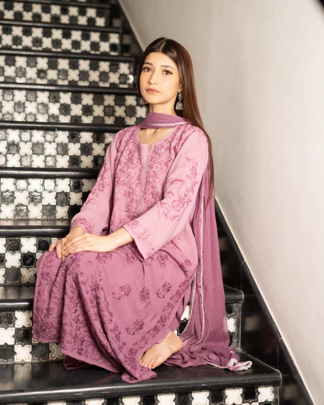 Falak Wine Chikankari Suit With Dupatta