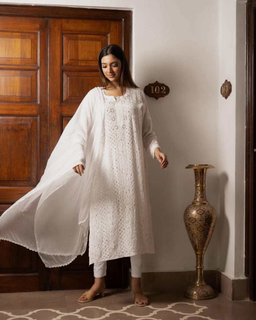 Zia White Georgette Chikankari Kurta Set For Women