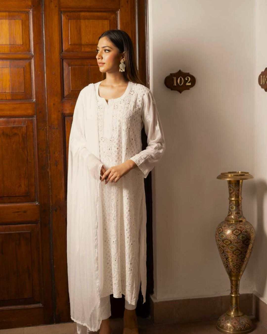 Zia White Georgette Chikankari Kurta Set For Women