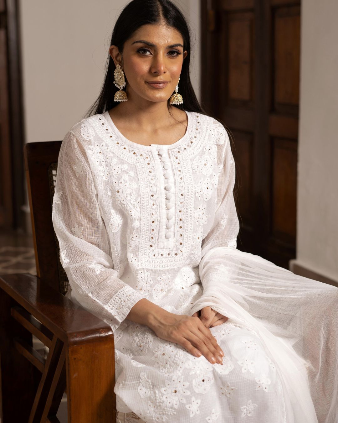 Zia White Kota Chikankari Suit With Dupatta