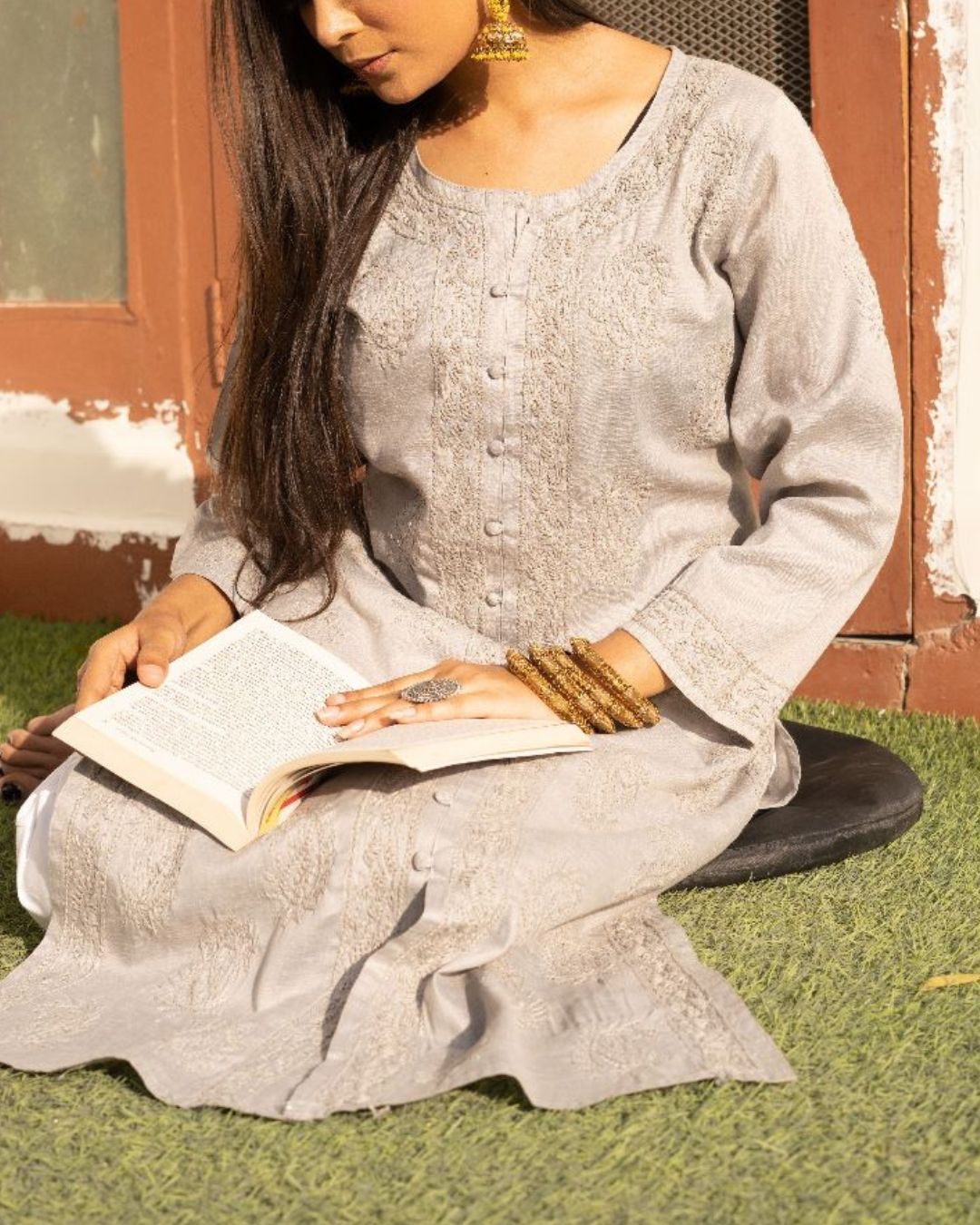 Grey Khadi Cotton Chikan Kurta For Ladies 