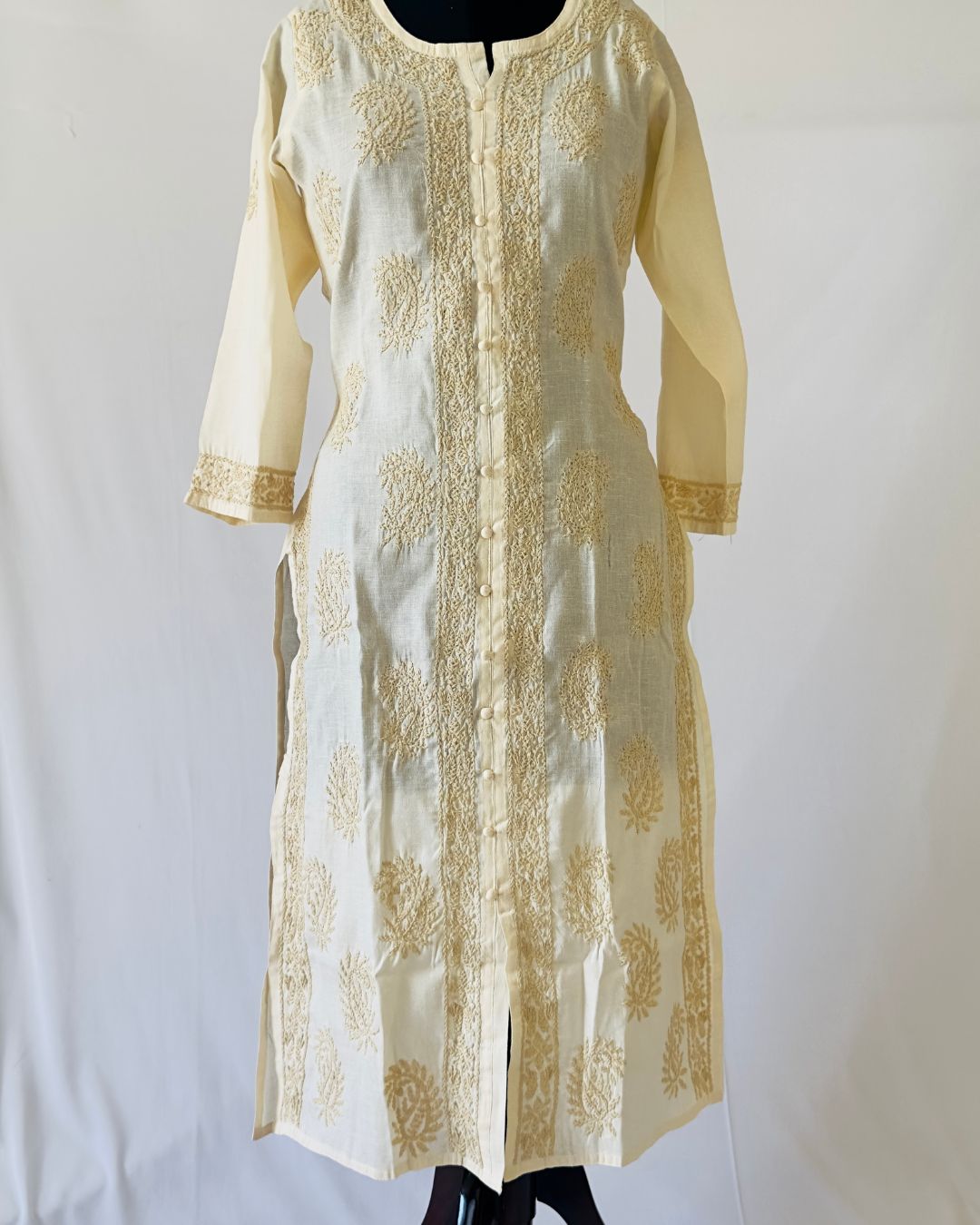 Khadi Chikankari yellow Ladies Kurta 