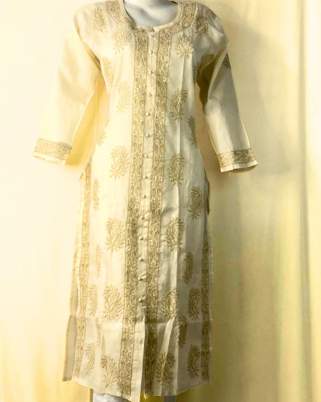 Khadi Chikankari yellow Ladies Kurta 