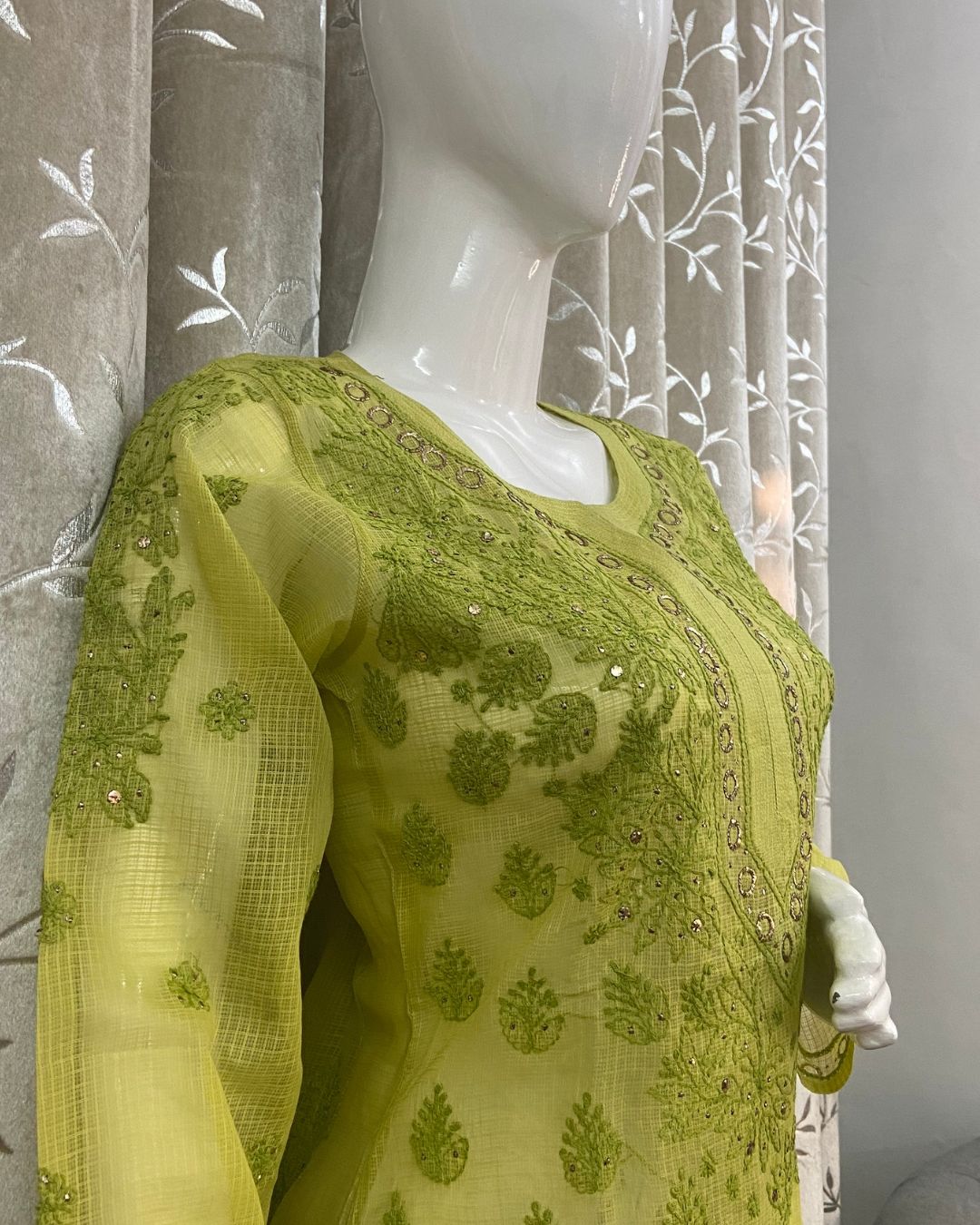 Green Kota Chikankari Kurta For Women