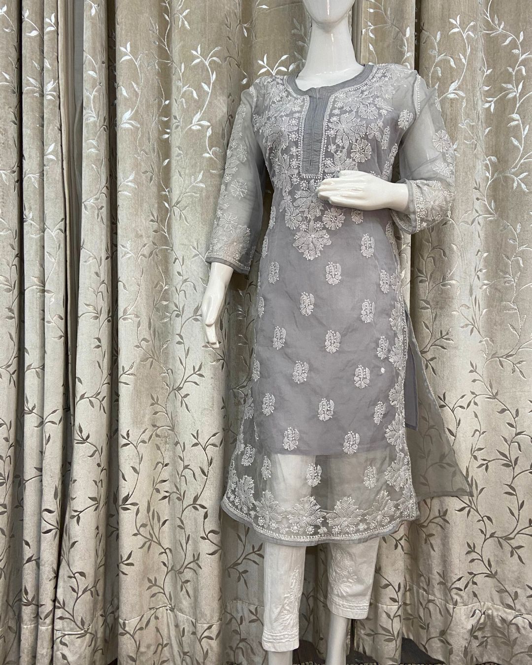 Organza Lucknowi Chikankari Kurta For Women - | House of AKS