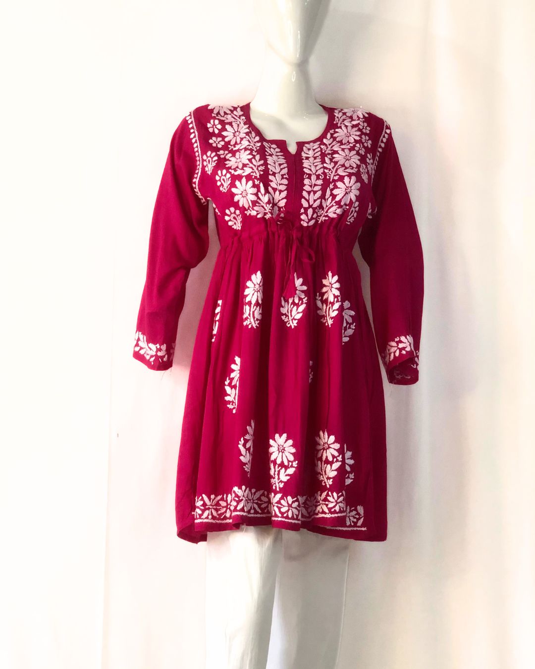 Chikankari Dark Pink Gown Kurti For Women 