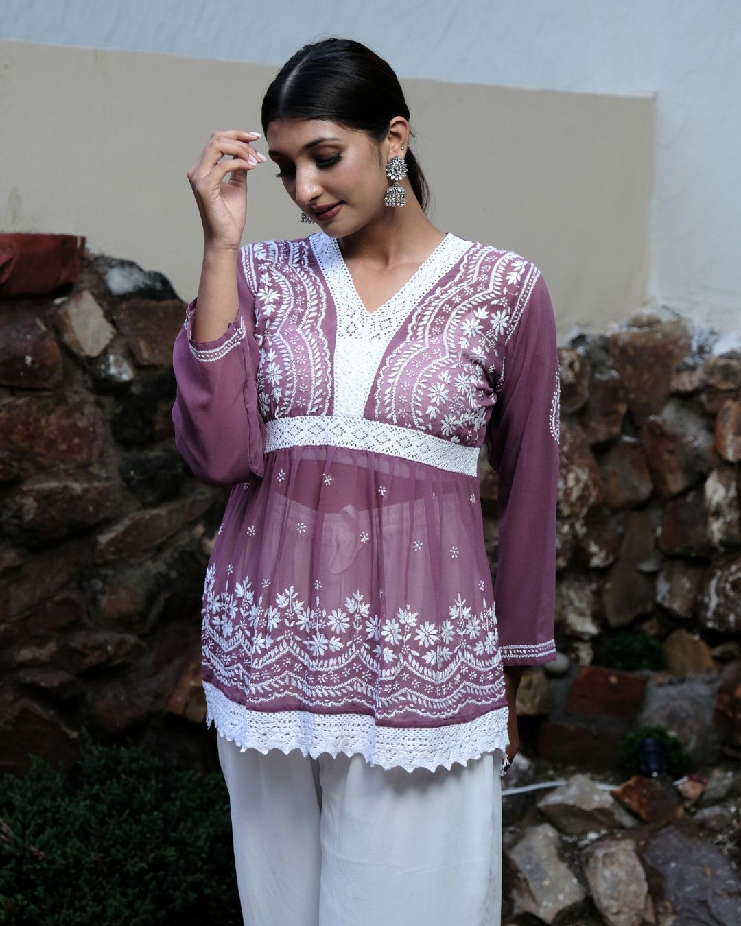 Wine Lace Chikankari Kurti 