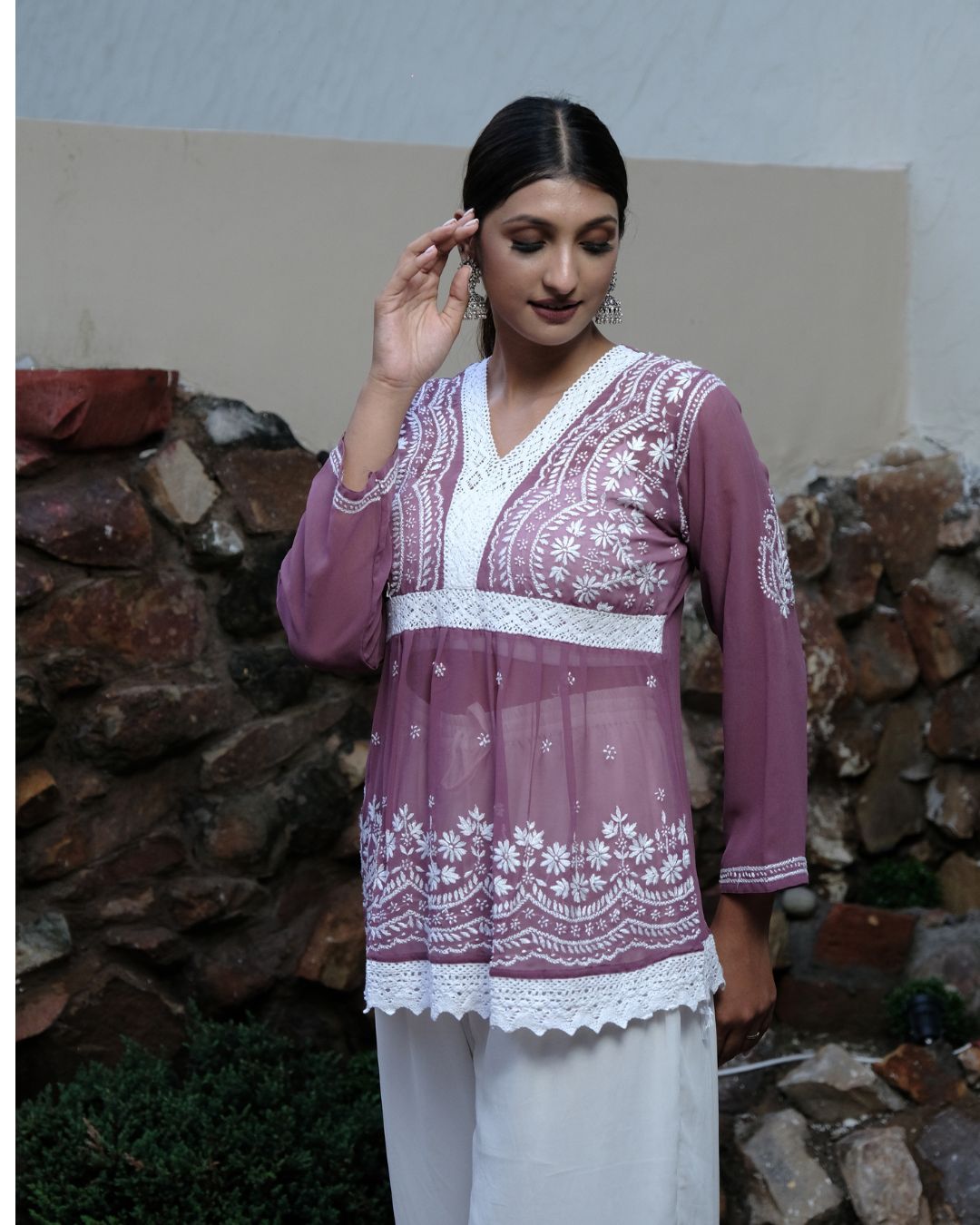 Wine Lace Chikankari Kurti 