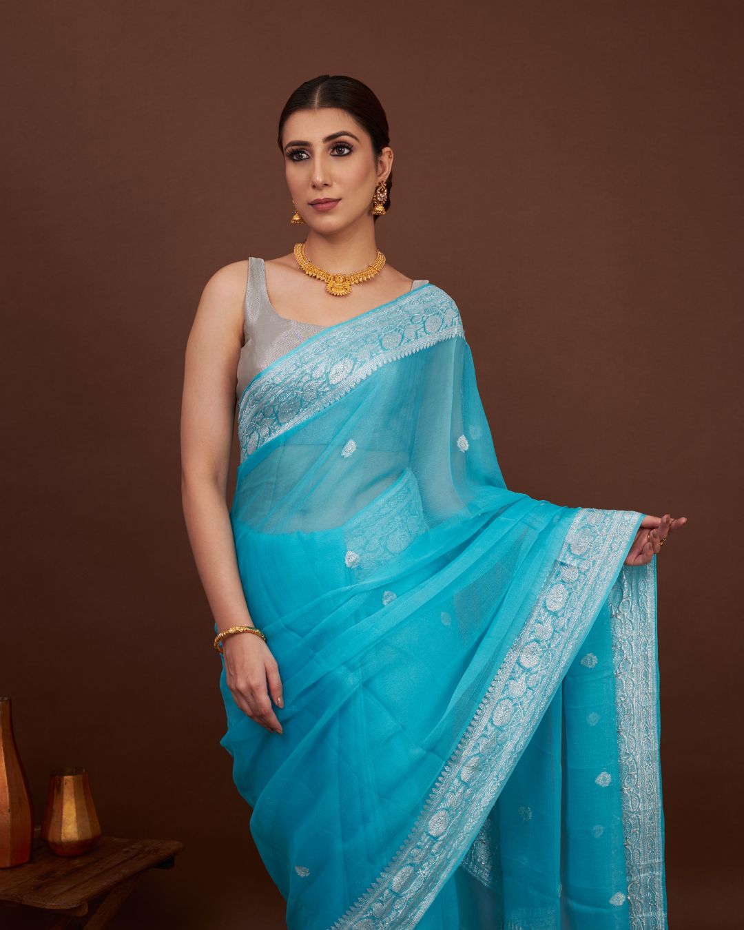 Azure Bliss Handwoven Chiffon Banarasi Silk Saree