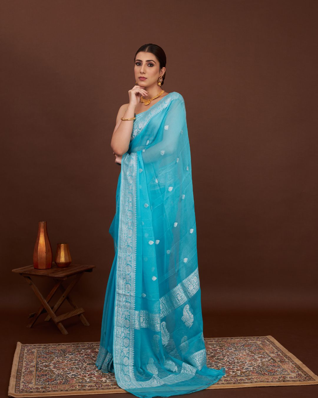 Azure Bliss Handwoven Chiffon Banarasi Silk Saree