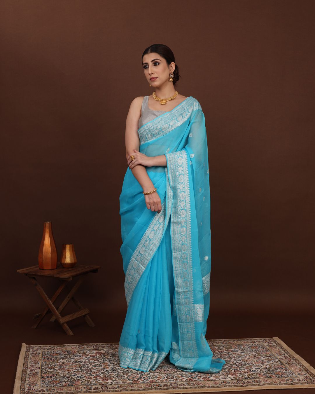 Azure Bliss Handwoven Chiffon Banarasi Silk Saree