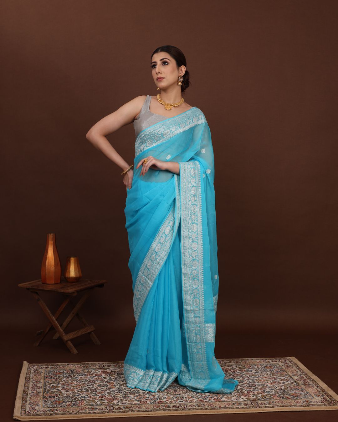 Azure Bliss Handwoven Chiffon Banarasi Silk Saree