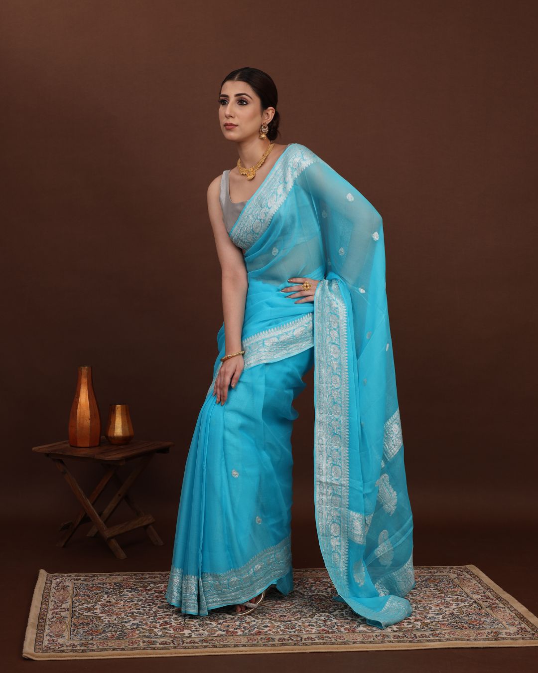 Azure Bliss Handwoven Chiffon Banarasi Silk Saree