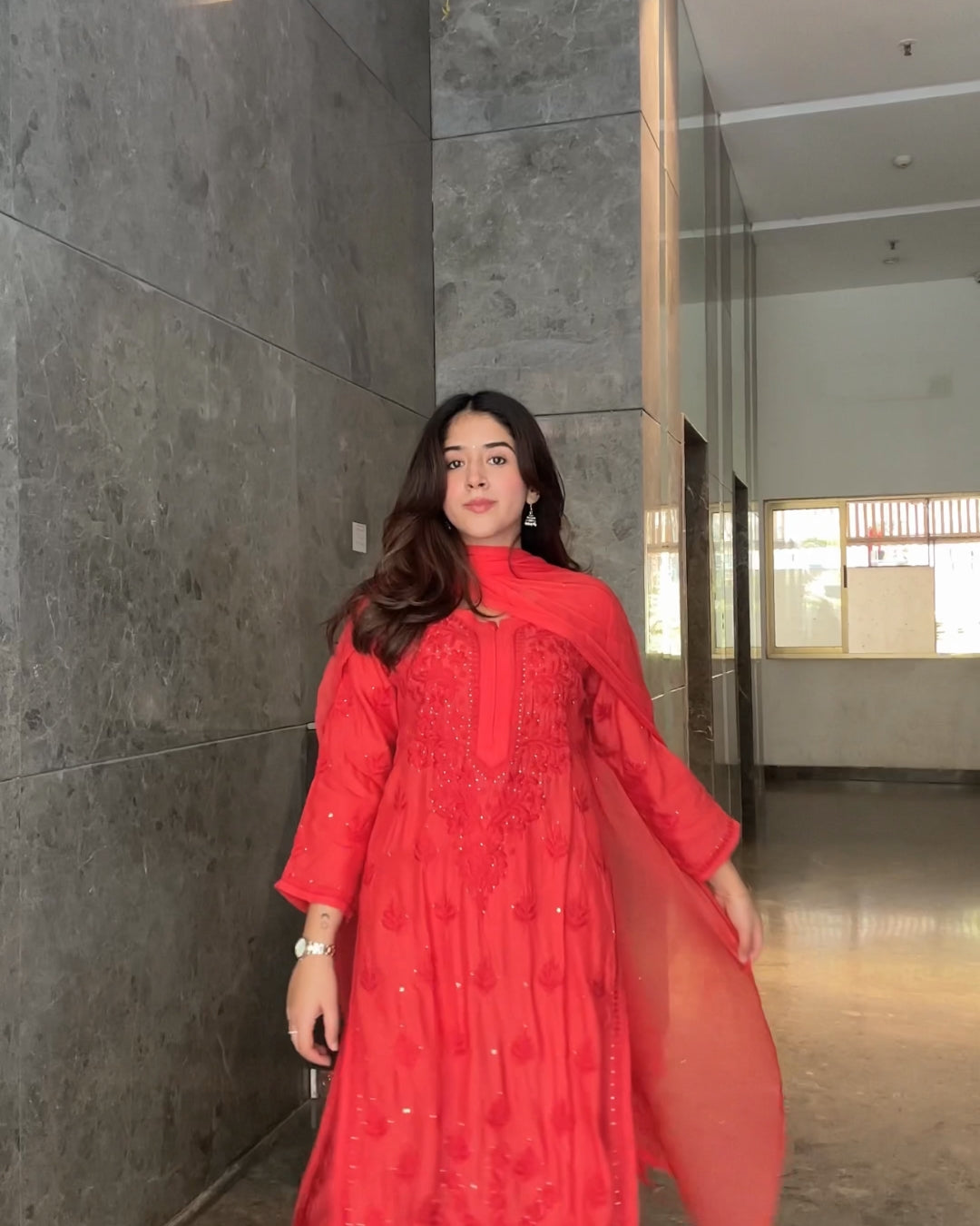 Devika Vinayak in Our Gulaabo Crimson Red Suit