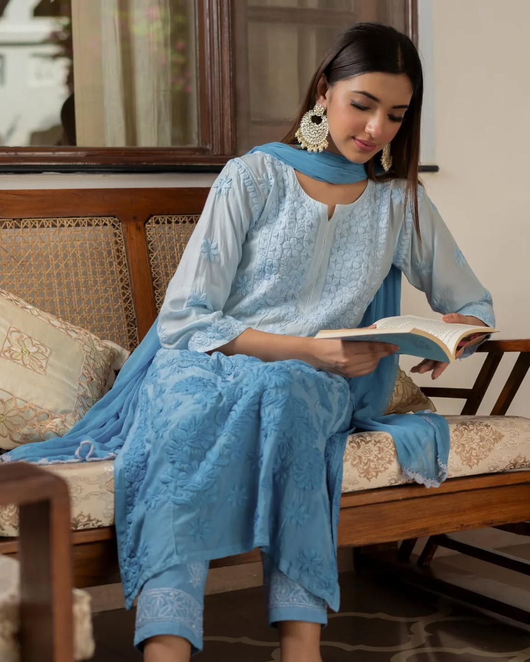 Gauhar Powder Blue Chikan Kurta Set For Women - | House of AKS