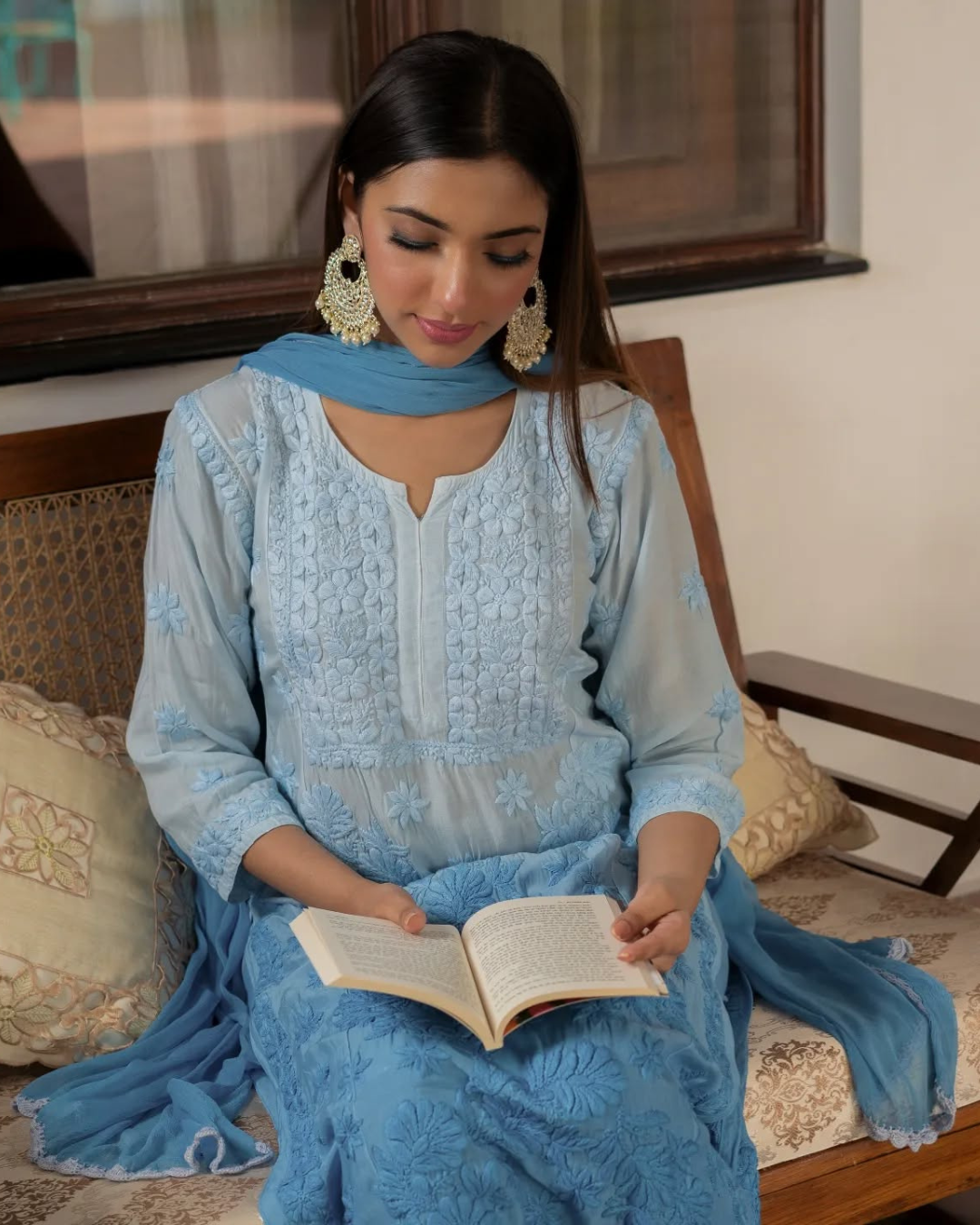 Gauhar Powder Blue Chikan Kurta Set For Women - | House of AKS