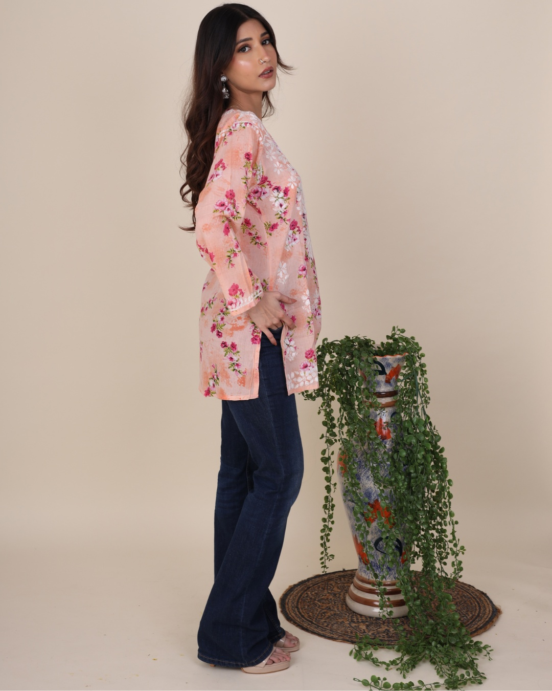 Phool Peach Chikankari Short Kurti 