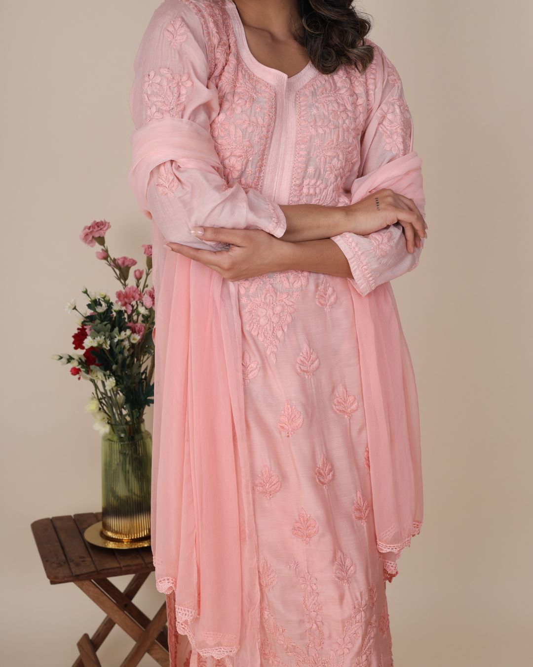 Peach Hand Embroidered Suit With Dupatta