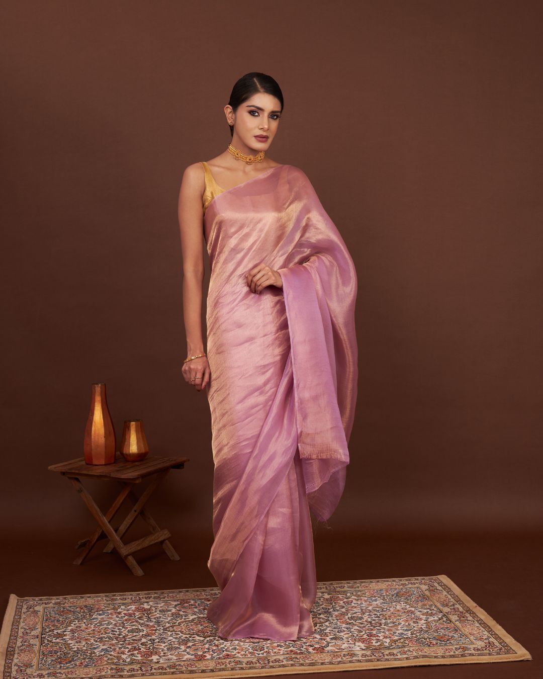 Whisper Rose Gold Tissue Saree pink
