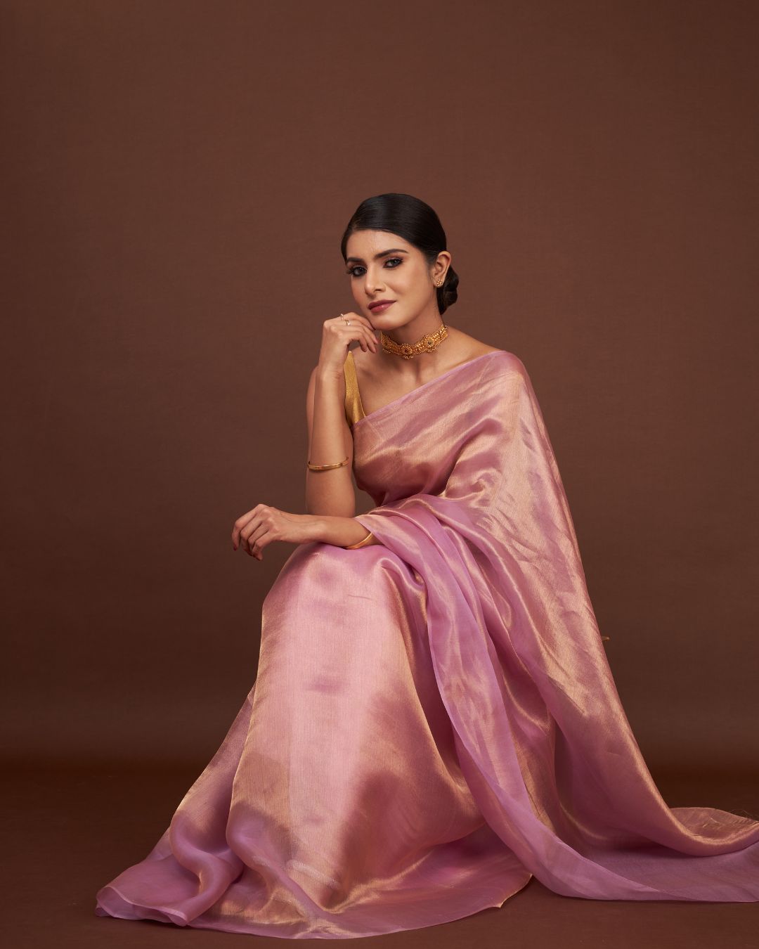 Whisper Rose Gold Tissue Saree pink