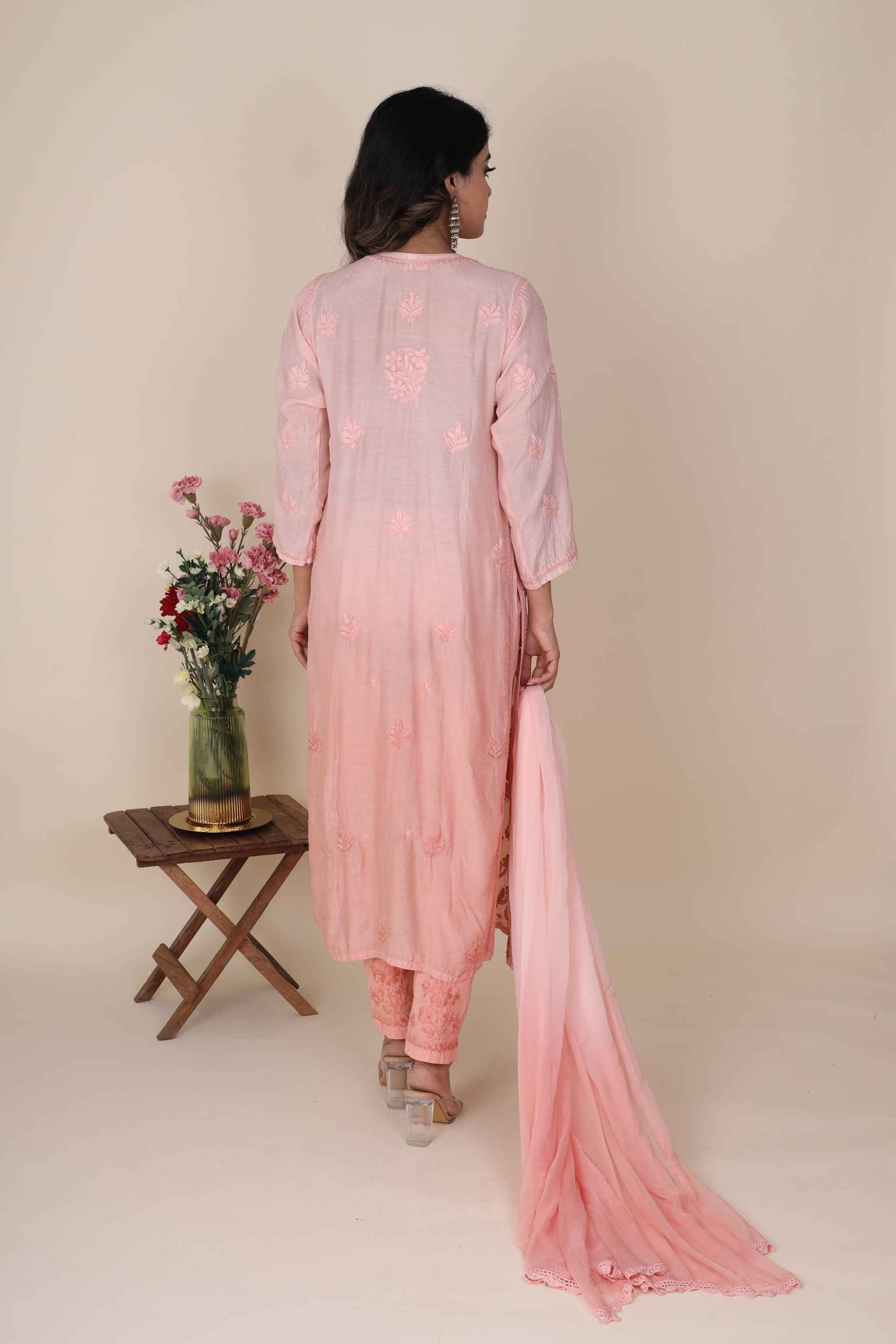 Full outfit view of Chikankari kurta with lycra pants and pastel elegance

